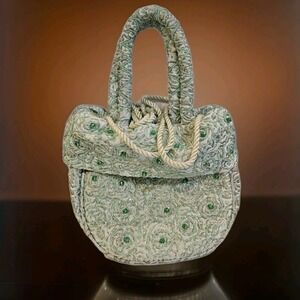Vintage 80s Boutique Drawstring Purse Embroidered Beaded Lined Snap Collectors